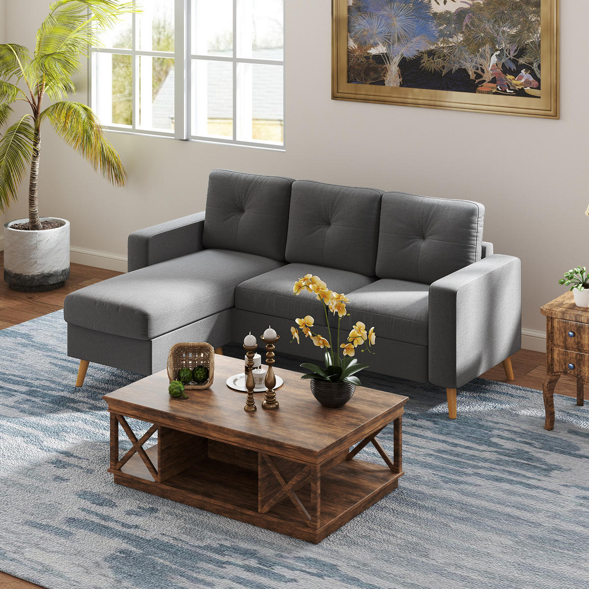 ECKSOFA Eckcouch in L-Form, Eckgarnitur in Leinenoptik Couchgarnitur Dunkelgrau - Dunkelgrau, Textil (136/193cm) - HOMCOM