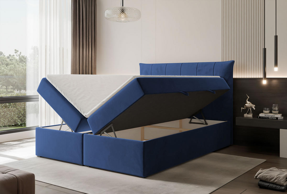 BOXBETT CHESTER 180/200 cm mit Matratze und Topper, Marineblau - Dunkelblau, Holzwerkstoff/Textil (180/200cm) - Idohome