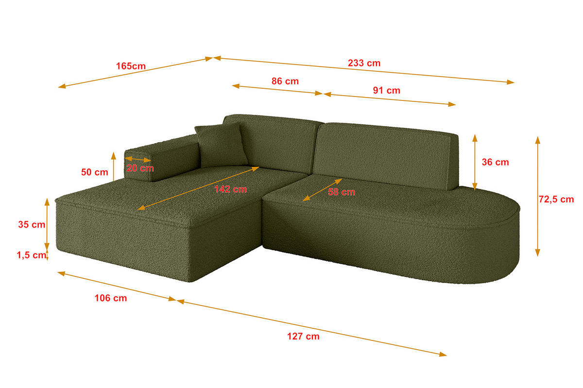 ECKSOFA Ottomane Links IREA-L1-v4 - 233x165x72,5 cm Grün - Grün, Holzwerkstoff/Textil (233/165cm) - ALTDECOR