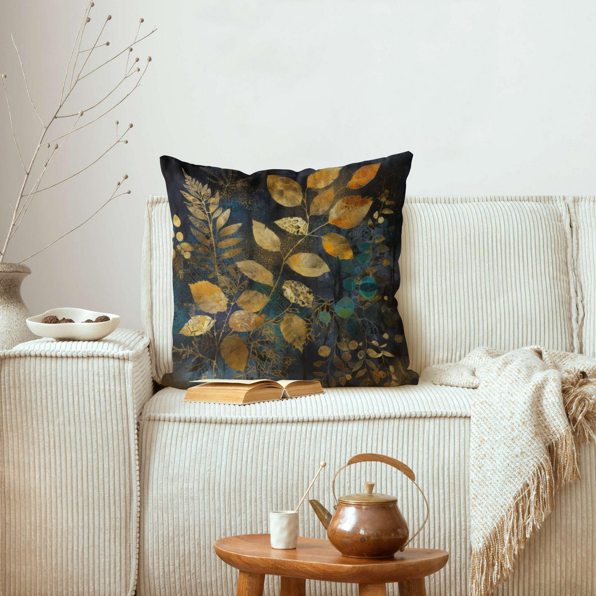 KISSENBEZUG Goldene und blaue Blätter 50/50 cm - Schwarz, Textil (50/50cm) - Bilderwelten