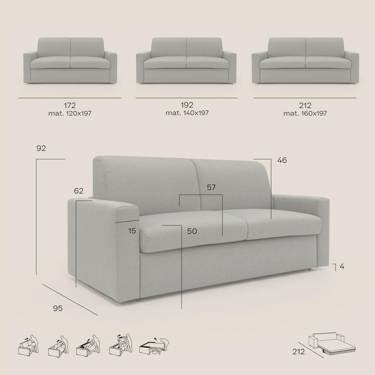 SCHLAFSOFA Kansas - Grau, Textil (172/92/95cm) - Divani.store