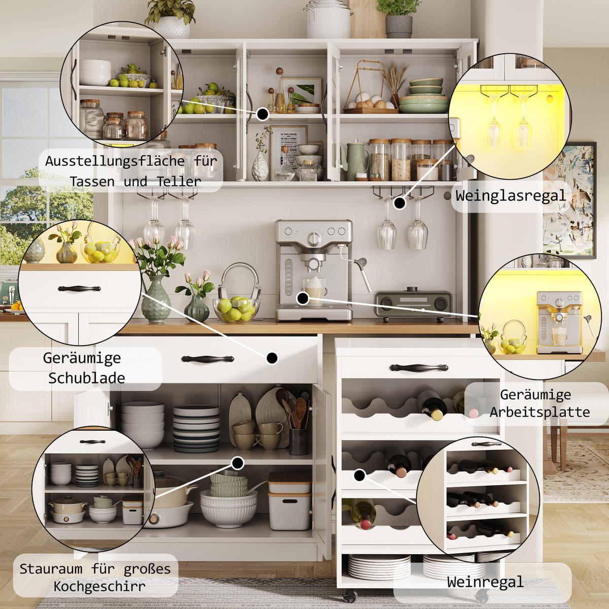 BUFFETSCHRANK Rollwagen Weiß 140/38/180 cm - Weiß, Holz (140/180/38cm) - PANGIVO
