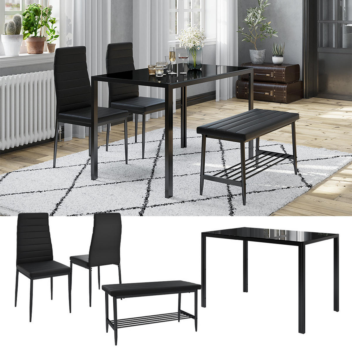 ESSTISCH-SET Grand Schwarz 120 x 70 cm 4-teiliges Set - Schwarz, Metall (120/75/70cm) - Vicco