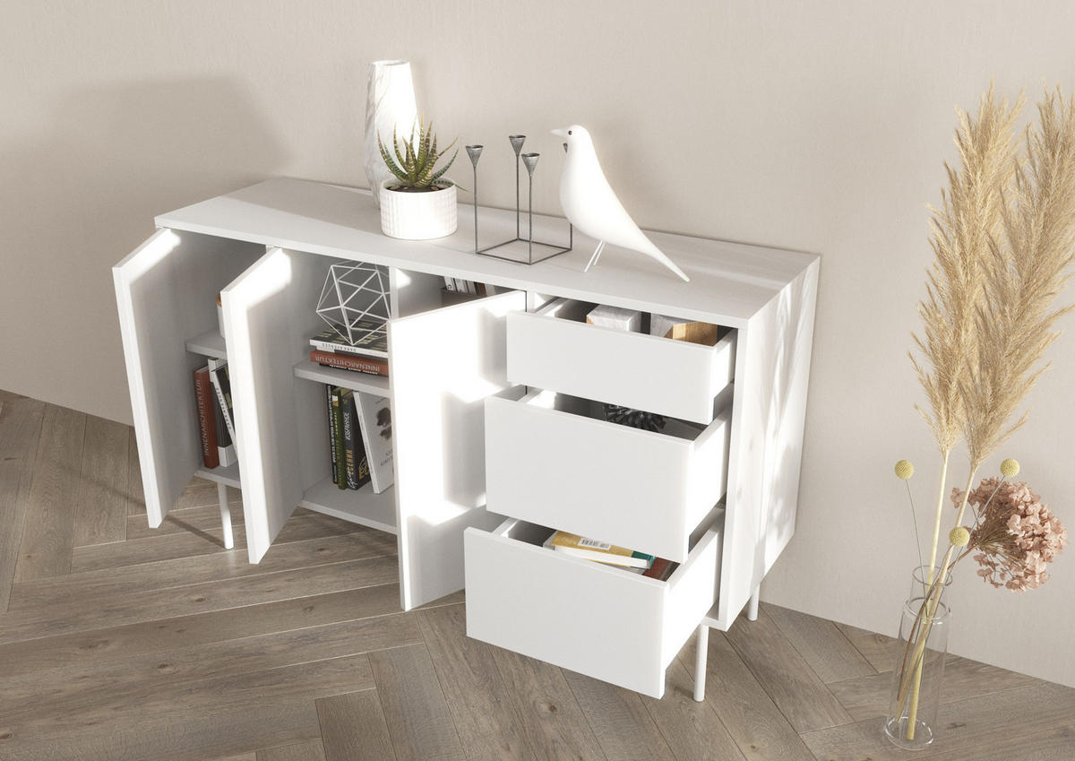 SIDEBOARD Mirka, Weiß, Push to Open System, Minimalistisch - Weiß, Holzwerkstoff/Metall (130/80/40cm) - Dancan