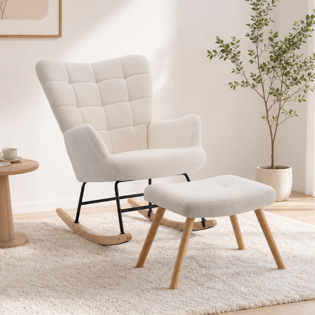 SCHAUKELSTUHL wohnzimmer mit hocker und verdicktem Sitzkissen ,Bodenschutzleiste, beige - Beige, Holzwerkstoff/Textil (68/91/88cm) - STILVORA