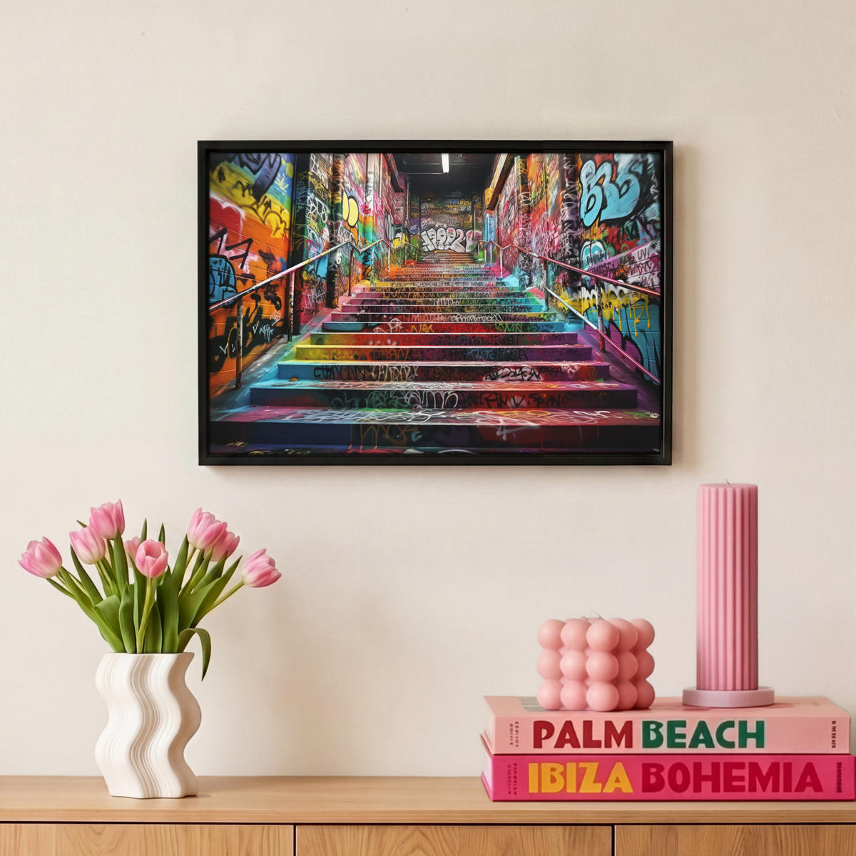 LEINWAND Bilder mit Rahmen - Treppe - Graffiti - Farben - Kunst - 30x20 - Multicolor, Textil (30/20cm) - MuchoWow