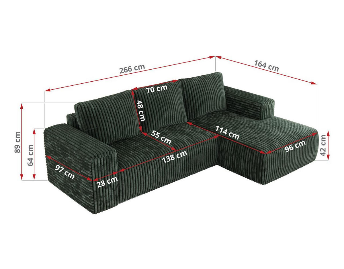 ECKSOFA TRENTINO L Grün Cord - Links - Schwarz/Grün, Textil (266/164cm) - MKS