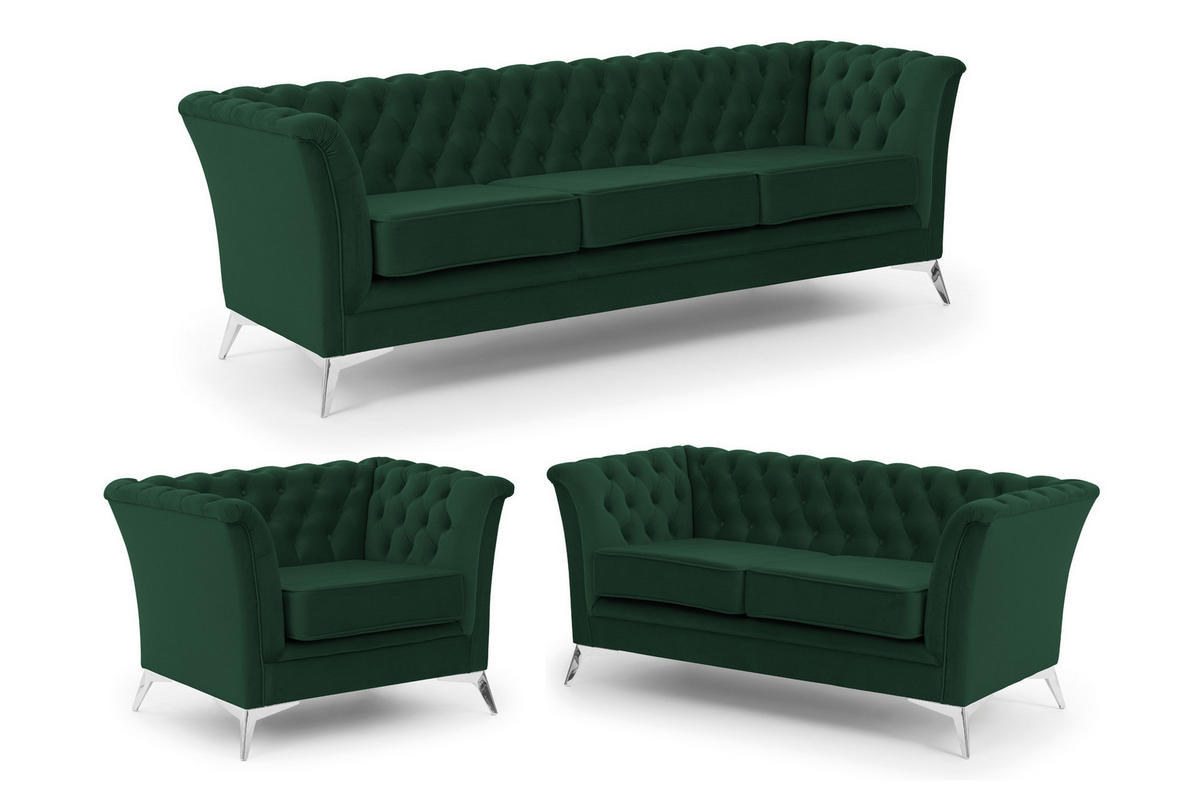 SITZGARNITUR 3+2+1 Chesterfield Whitby Flaschengrün Samt mit silbernen Füßen - Dunkelgrün/Silberfarben, Holz/Textil (237/78/82cm) - S-Style Möbel