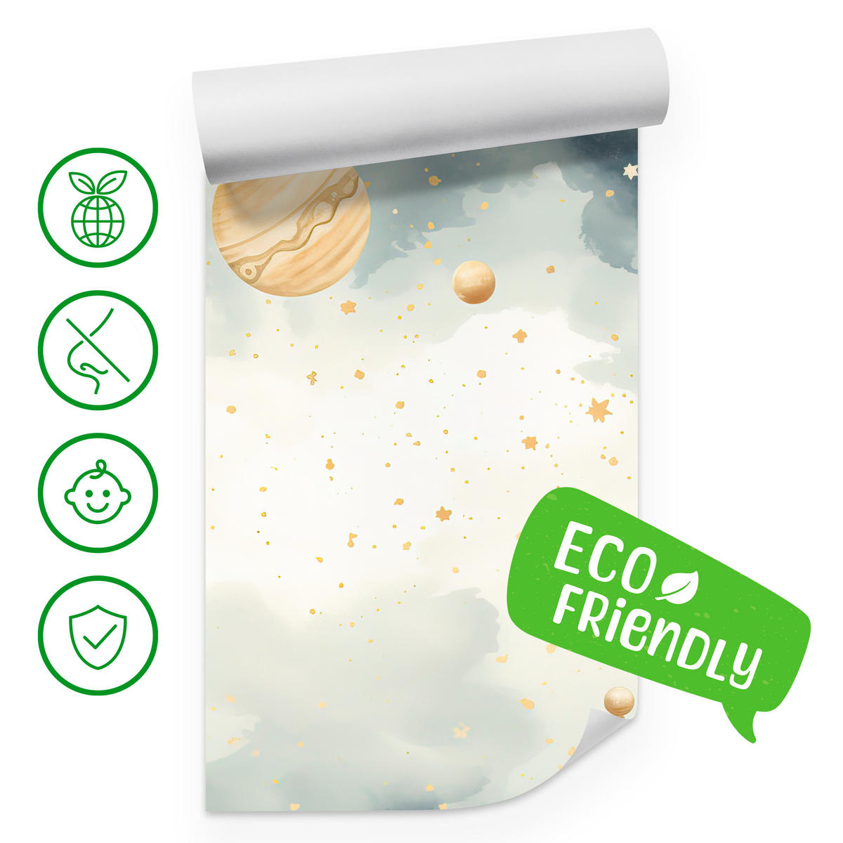 FOTOTAPETE für Kinderzimmer Pastell Planeten Saturn Uran Sterne 150x105 - Blau/Ecru, Papier (150/105cm) - Muralo