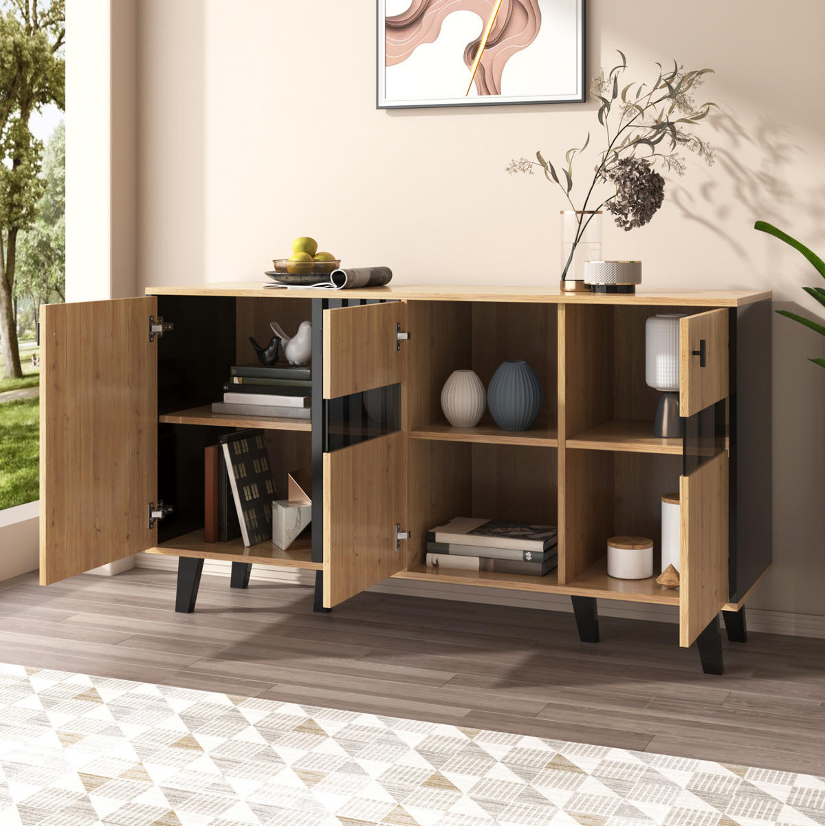SIDEBOARD 140/78,5/41 cm z dřevotřísky a skla v přírodní a černé barvě s LED osvětlením - přírodní, kompozitní dřevo (140/78/41cm) - Modenvie