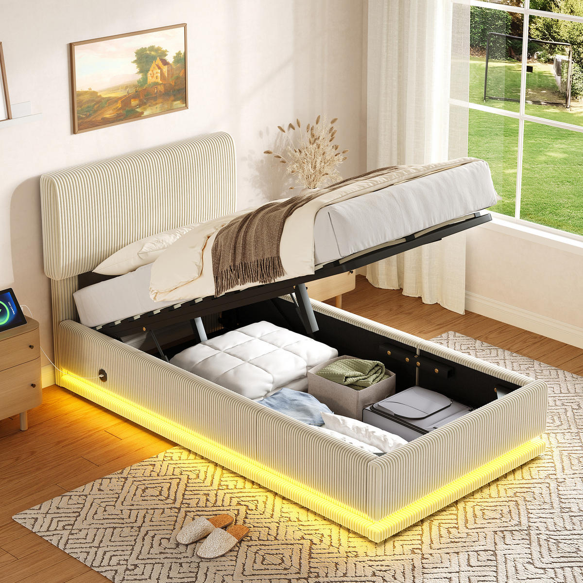 POLSTERBETT mit LED und USB-C 90x200 cm Cord Beige - Beige, Metall (90/200cm) - Meubliv
