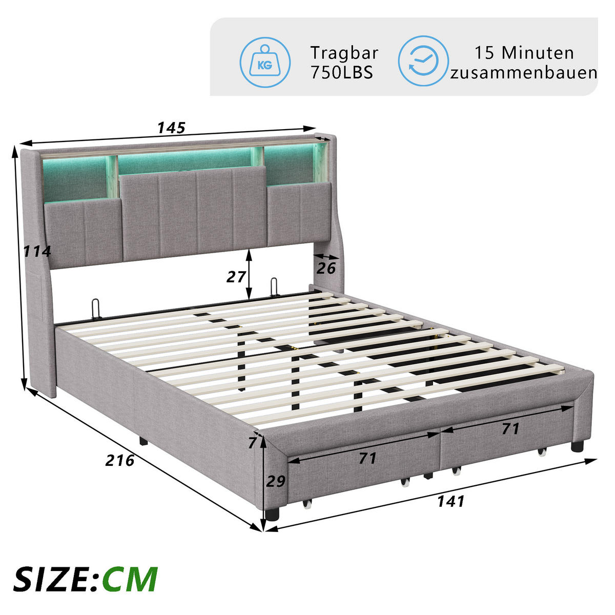 POLSTERBETT 140x200 cm mit 2 Schubladen & USB, grau - Grau, Metall (140/200cm)