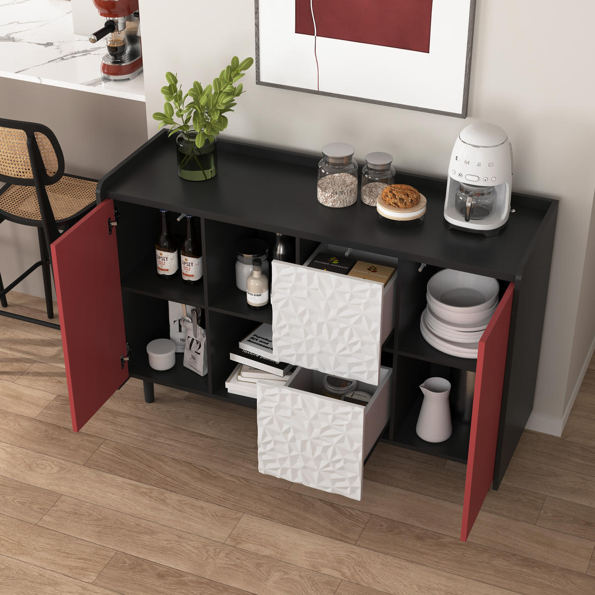 SIDEBOARD 120/40/80 cm, MDF Schwarz/Rot mit 2 Schubladen, offenem Fach und Tür, Schwarz/Rot - Rot, Holzwerkstoff (120/80/40cm) - Redom