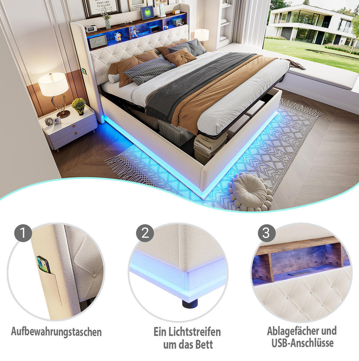 ČALÚNENÁ posteľ 180/200 cm s LED osvetlením, USB nabíjaním a hydraulickým úložným priestorom, Beige/Grau - béžová, textil (180/200cm) - Redom