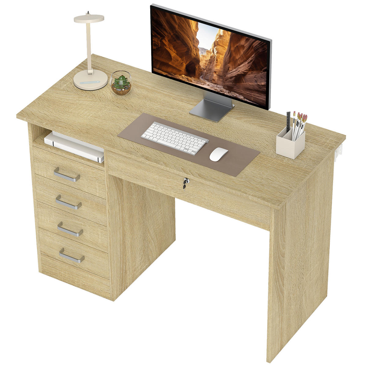 SCHREIBTISCH Eiche mit 5 Schubladen und offenem Fach 110/50/76 cm - Eichefarben, Holzwerkstoff (50/110/76cm) - PANGIVO