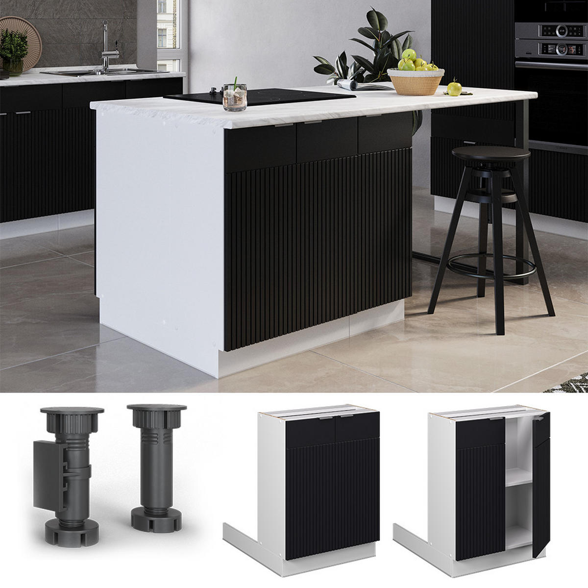 KUCHYŇSKÝ OSTROV Fame-Line Černý pruhovaný - bílá/černá, kompozitní dřevo (60/82/30cm) - Vicco