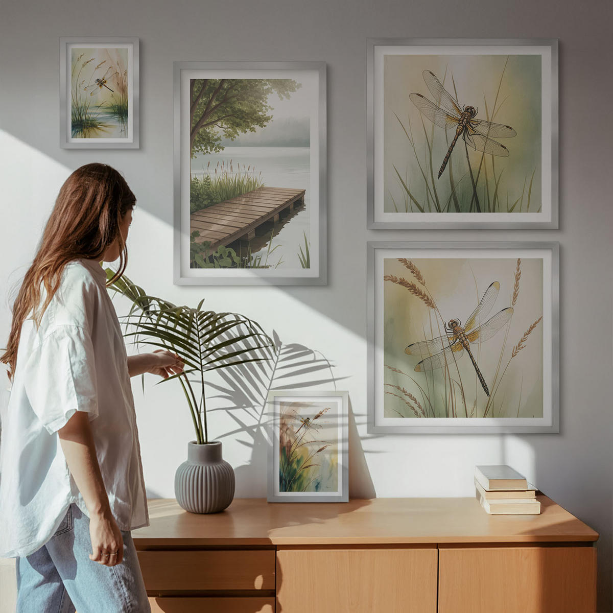 WANDBILDER 5er Set - 50x50 cm & 20x30 cm & 40x60 cm Silberner Rahmen - Libellengräser über dem Wasser - Silberfarben, Kunststoff (40/60cm) - ArtPrintCave