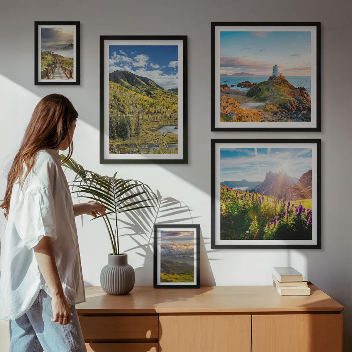 WANDBILDER 5er-Set - 50x50 cm & 20x30 cm & 40x60 cm Schwarzer Rahmen - Berglandschaften Wasserfall - Schwarz, Kunststoff (40/60cm) - ArtPrintCave