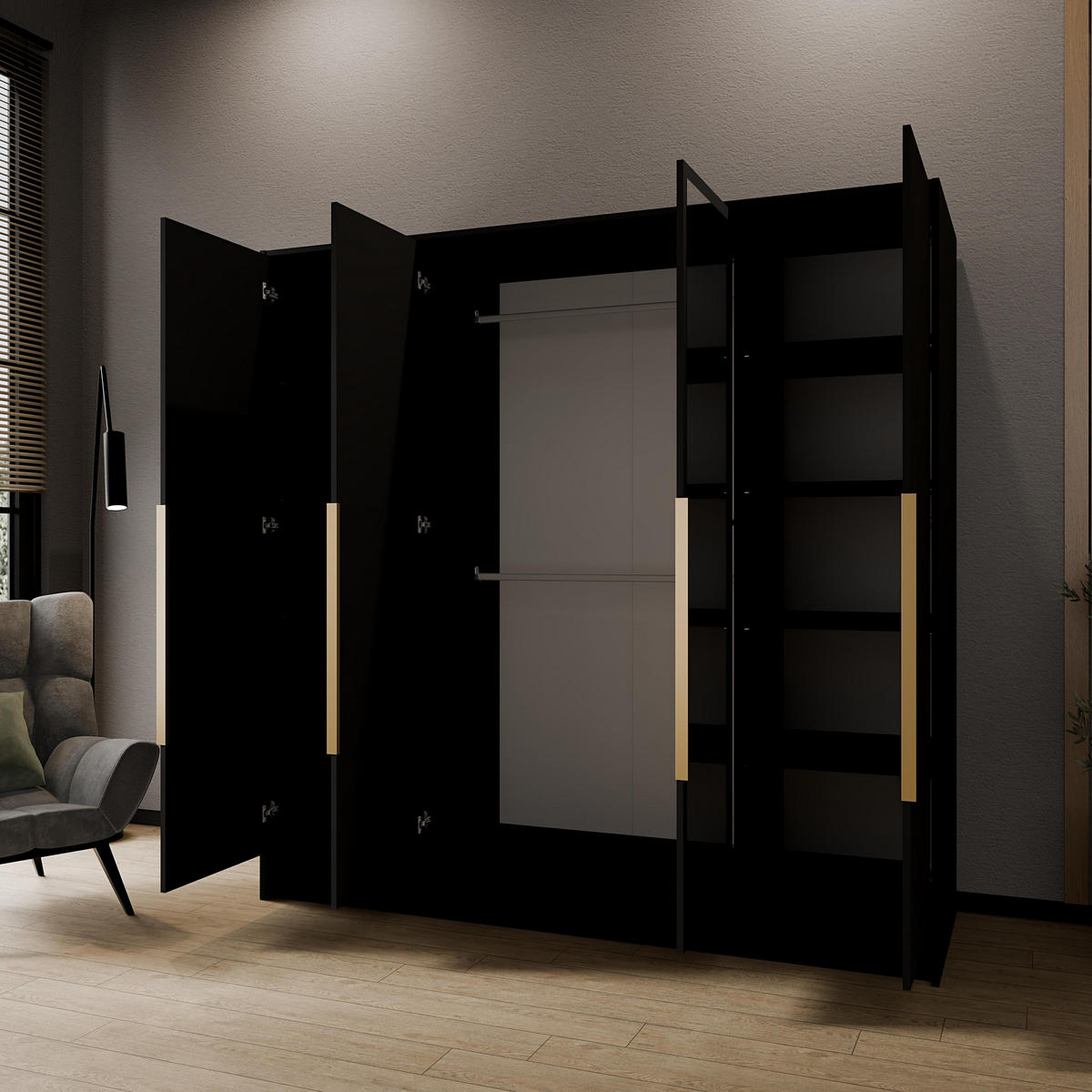 DREHTÜRENSCHRANK RENVO 200/200/51 cm Modern Kleiderschrank 4-türig mit Spiegel Schwarz - Schwarz, Holzwerkstoff (200/200/51cm) - MASSENO