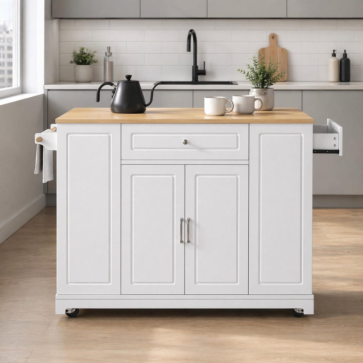 KÜCHENINSEL in Naturfarben und Weiß Servierwagen mit Schubladen für Esszimmer und Küche, B131.8/T40/H93.3 cm - Weiß, Holzwerkstoff/Metall (131.8/93.3/40cm) - STILVORA