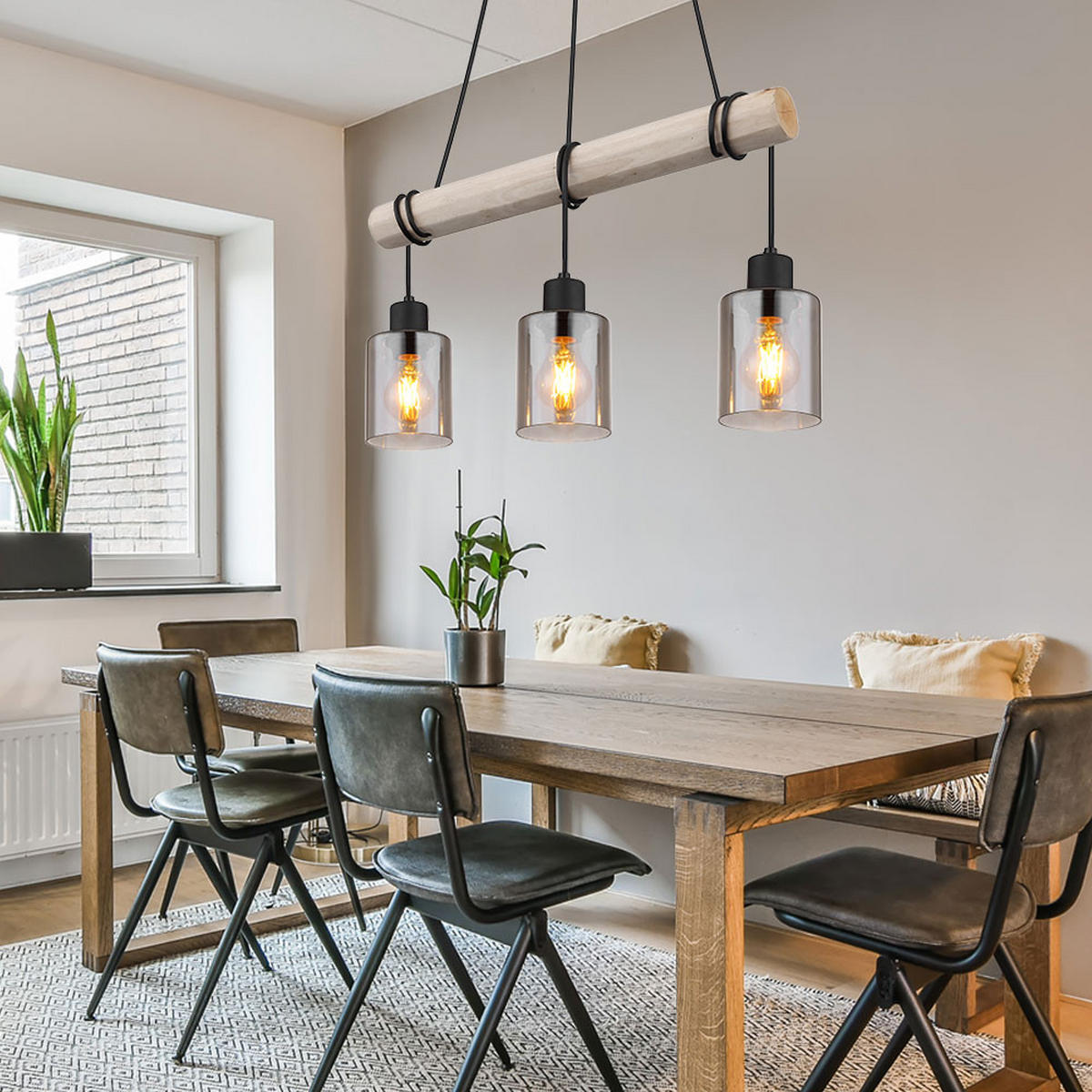 HÄNGELEUCHTE Holz Braun Glas rauchfarben - Braun, Holz (50/10/140cm) - Globo Lighting