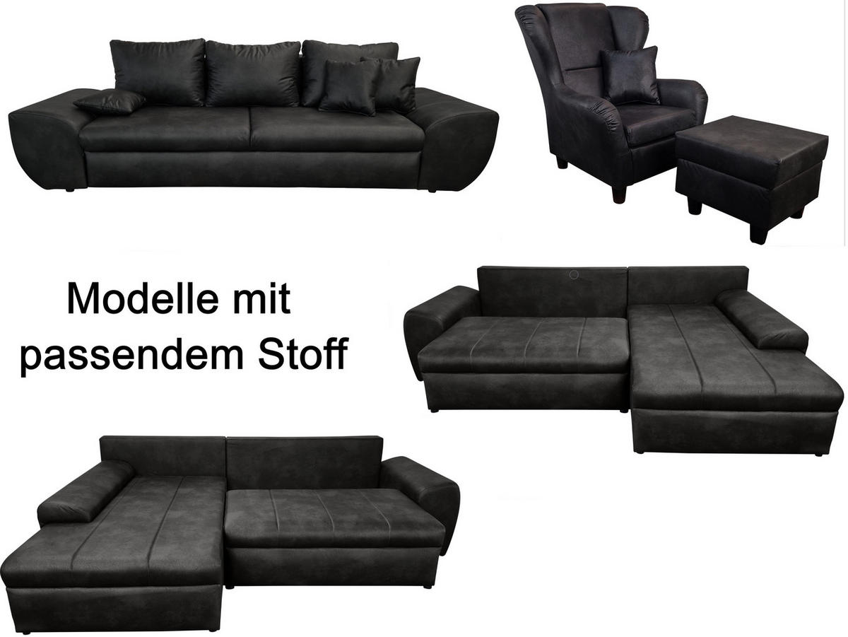 OHRENSESSEL mit HOCKER, hoher Sitzkomfort durch Wellenunterfederung, Mikrofaser Leder-Optik Vintage Schwarz / 18007 - Schwarz, Holz/Textil (90/98/76cm) - luma-home