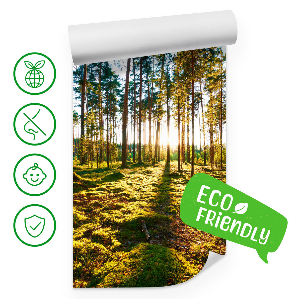 FOTOTAPETE für Küche Sonnenaufgang WALD Moss Bäume Sonnenstrahl 500x350 - Gelb/Braun, Papier (500/350cm) - Muralo