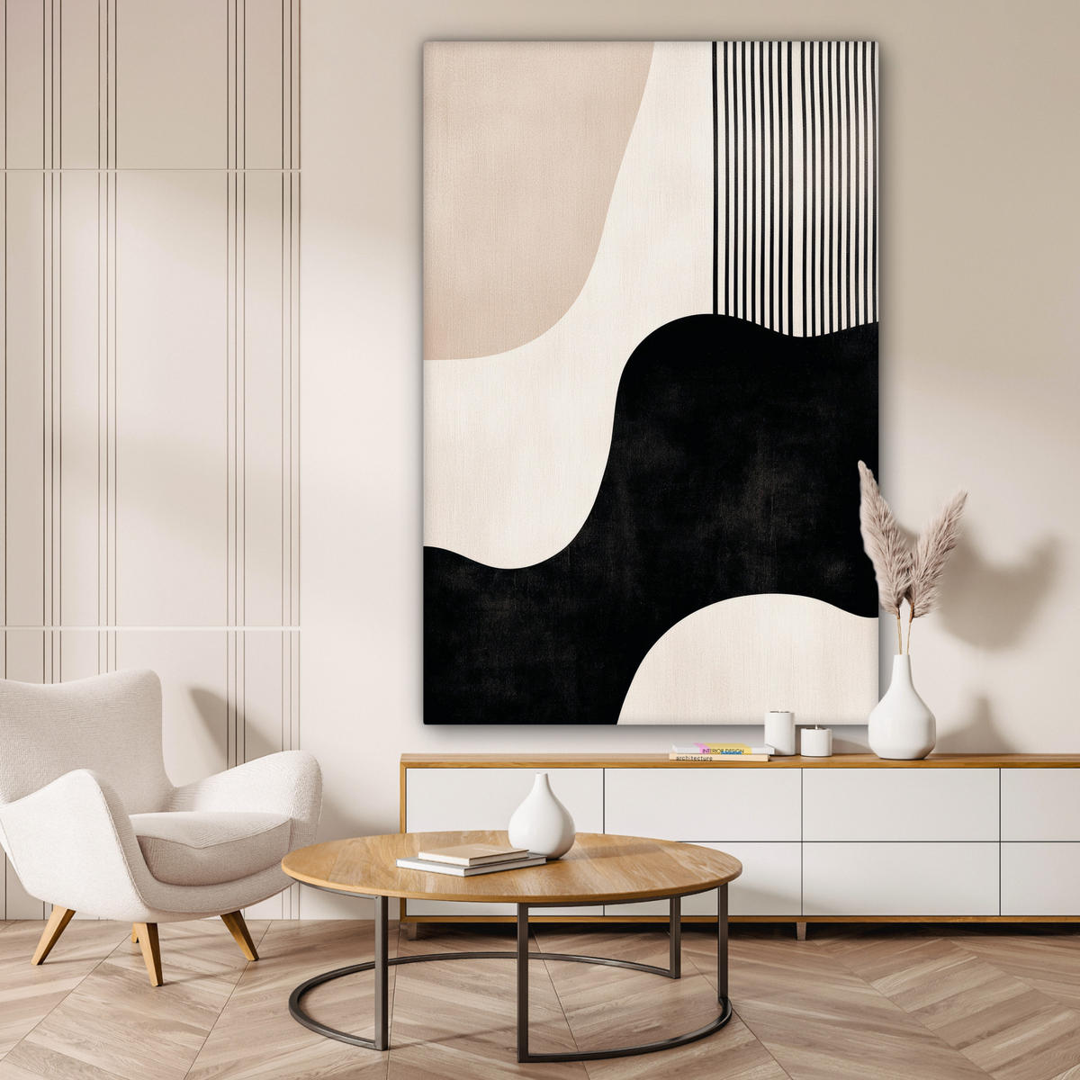 LEINWANDBILD Abstrakt - Japandi - Beige - Modern 90x140 cm - Schwarz, Textil (90/140cm) - MuchoWow