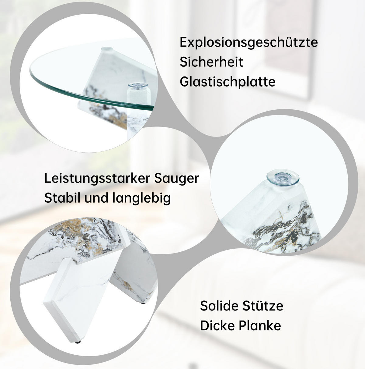 COUCHTISCH aus MDF und Glas 79x79x45 cm Transparent/Weiß mit Marmoroptik - Weiß, Glas (79/79/45cm) - IVMEU