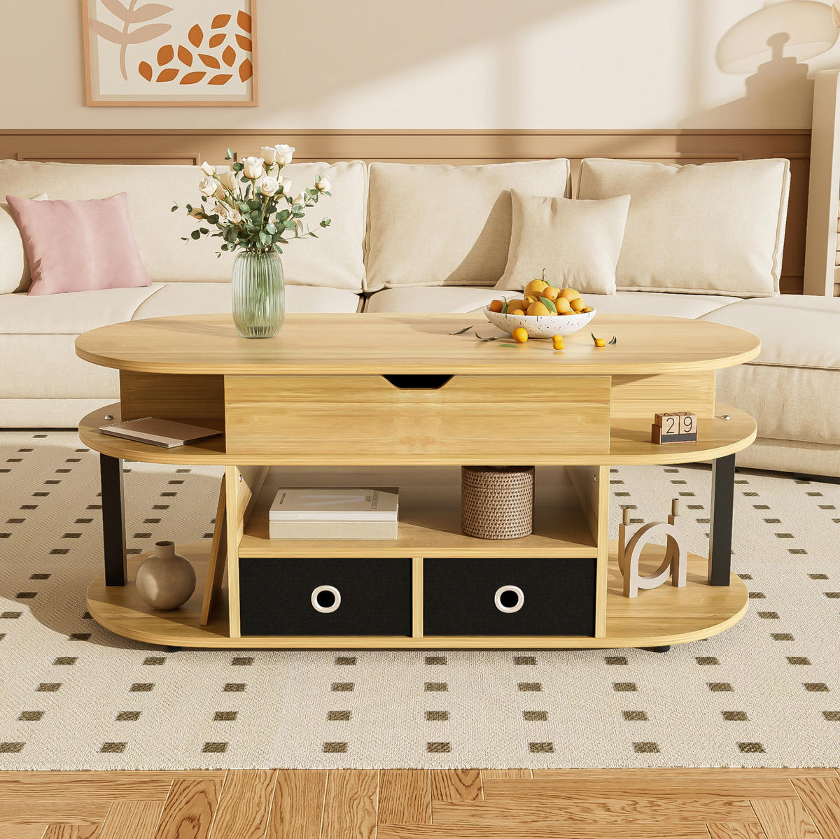 COUCHTISCH, Spanplatte mit Hebefunktion, Holzmaserung & schwarzen Stoffschubladen, 105/50/45/60 cm,Naturfarben - Naturfarben, Holzwerkstoff (105/50/60cm) - Redom