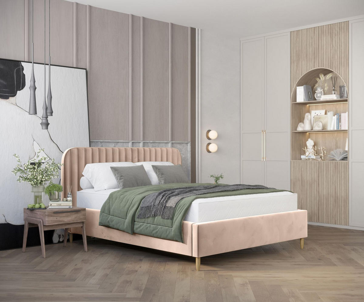 POLSTERBETT Noto Warmes Beige 120/200 cm im Samtstoff - Beige/Naturfarben, Holz/Holzwerkstoff (120/200cm) - Maison de Reve