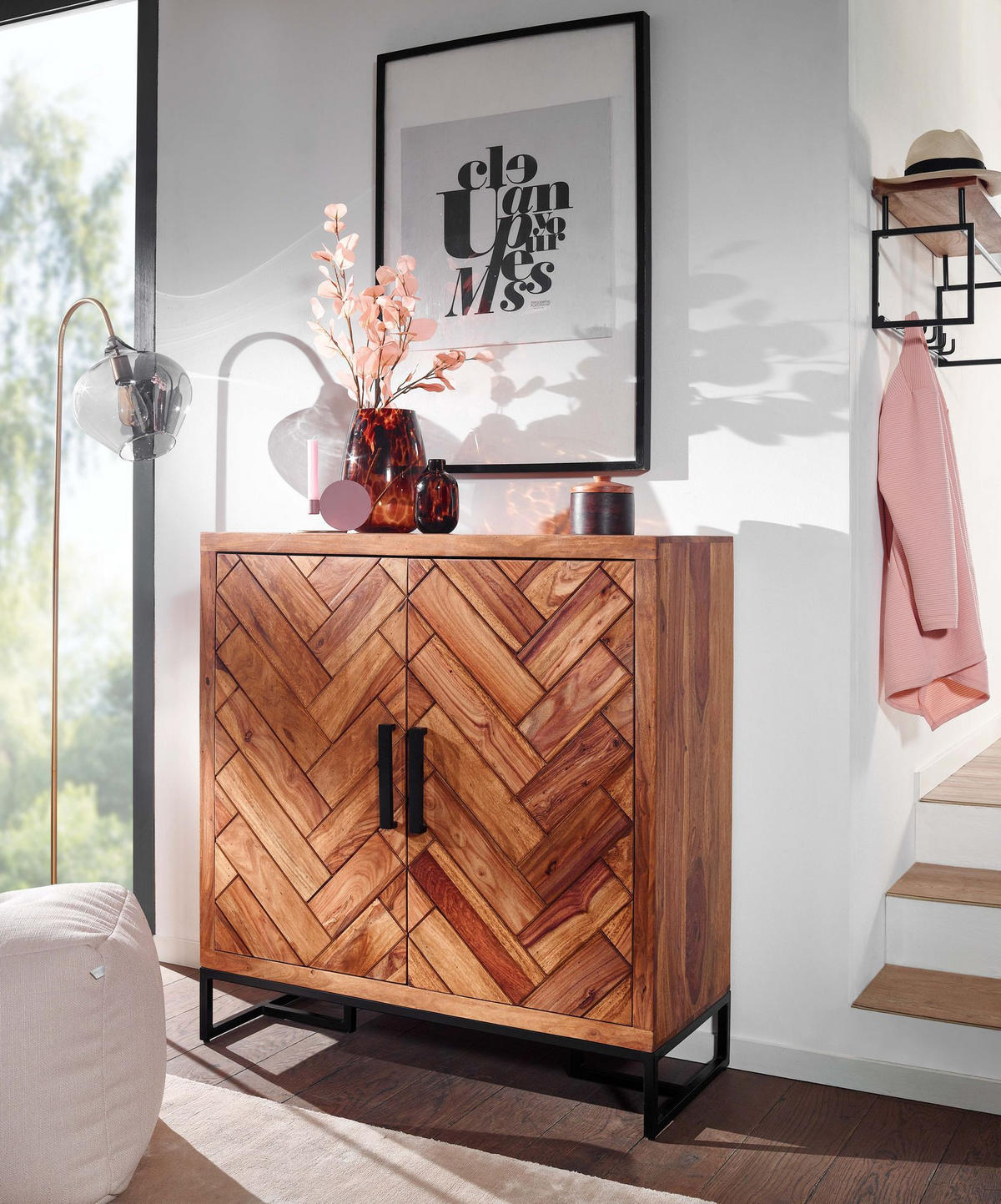 SCHUHSCHRANK – Massivholz, 100x105x40 cm, Fischgrätmuster, große Ablage - Schwarz/Braun, Holz/Metall (100/105/40cm) - KADIMA DESIGN