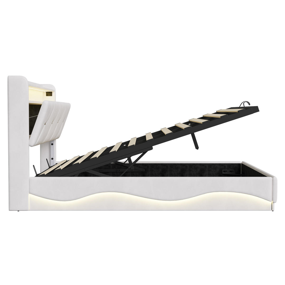 POLSTERBETT 140x200 cm mit Bettkasten, hydraulischer Stauraum, LED, USB & Type-C, Kopfteil mit Ablage und Lattenrost, Beige - Beige, Metall (140/200cm) - EuroLiving