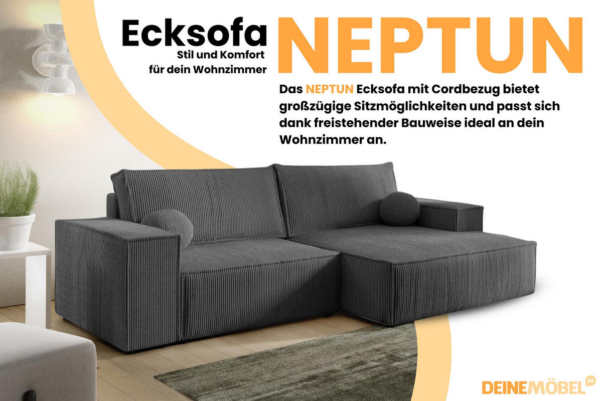 ECKSOFA NEPTUN 255/148 in Cord Anthrazit rechts - Anthrazit, Holz/Holzwerkstoff (255/148cm) - Deine Möbel 24