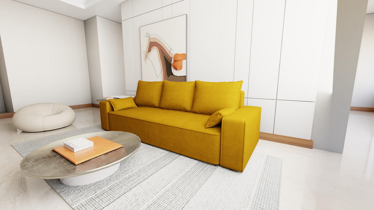 SOFA Veno mit Bettkasten und Schlaffunktion, Velourstoff - Currygelb, Holzwerkstoff (242/85/95cm)