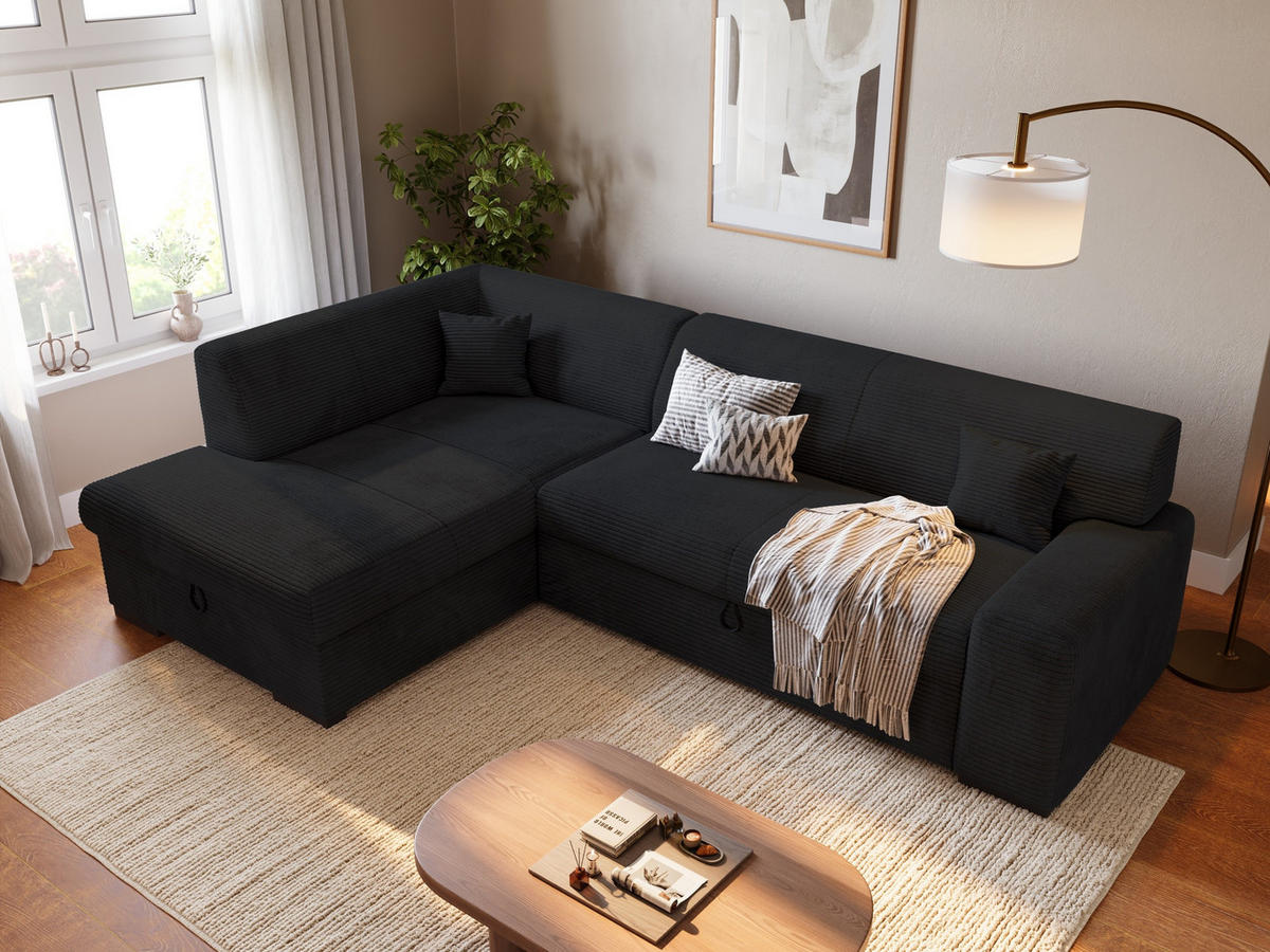 ECKSOFA mit Schlaffunktion Cordstoff MILENZO Schwarz Links - Schwarz, Holz (260/175cm) - Bromarkt