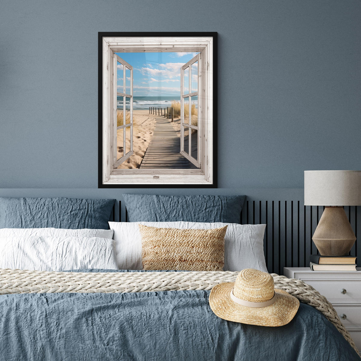 GERAHMTES BILD Fenster - Meer - Küste - Natur - Ausblick - Strand - Wattenmeer 60x80 cm - Beige, Papier (60/80cm) - MuchoWow