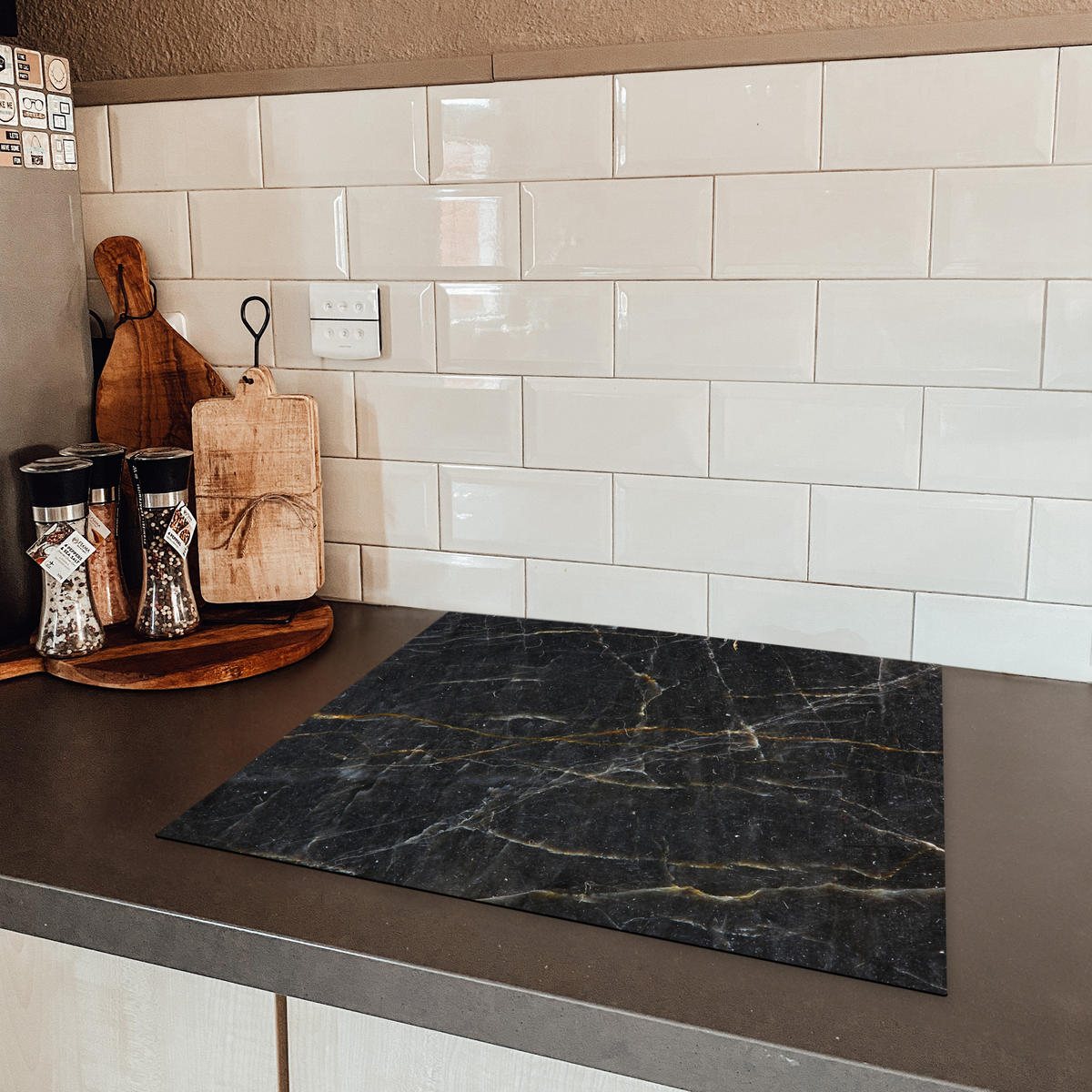 HERDABDECKPLATTE Marmor - Schwarz - Gold - Grau - Marmorstruktur 60x52 cm - Goldfarben, Kunststoff (60/0.2/52cm) - MuchoWow