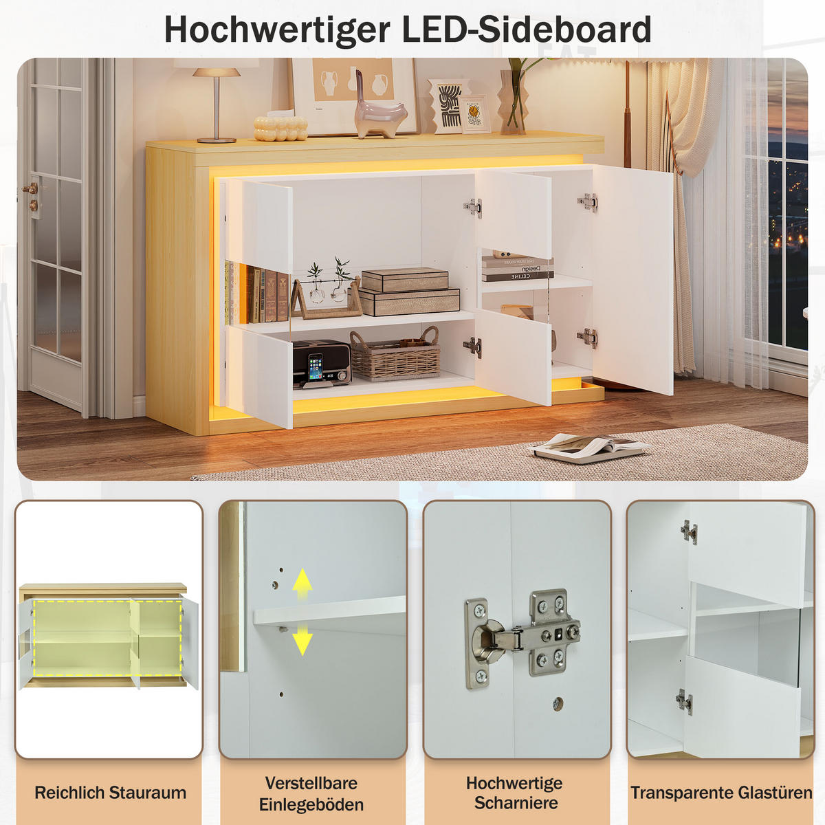 SIDEBOARD in Weiß Hochglanz-Wohnzimmerschrank mit verstellbarer Einlegeboden für Flur, Wohn-, Büros, B140/T40/TH84cm - Weiß/Naturfarben, Glas/Holzwerkstoff (140/84/40cm) - STILVORA