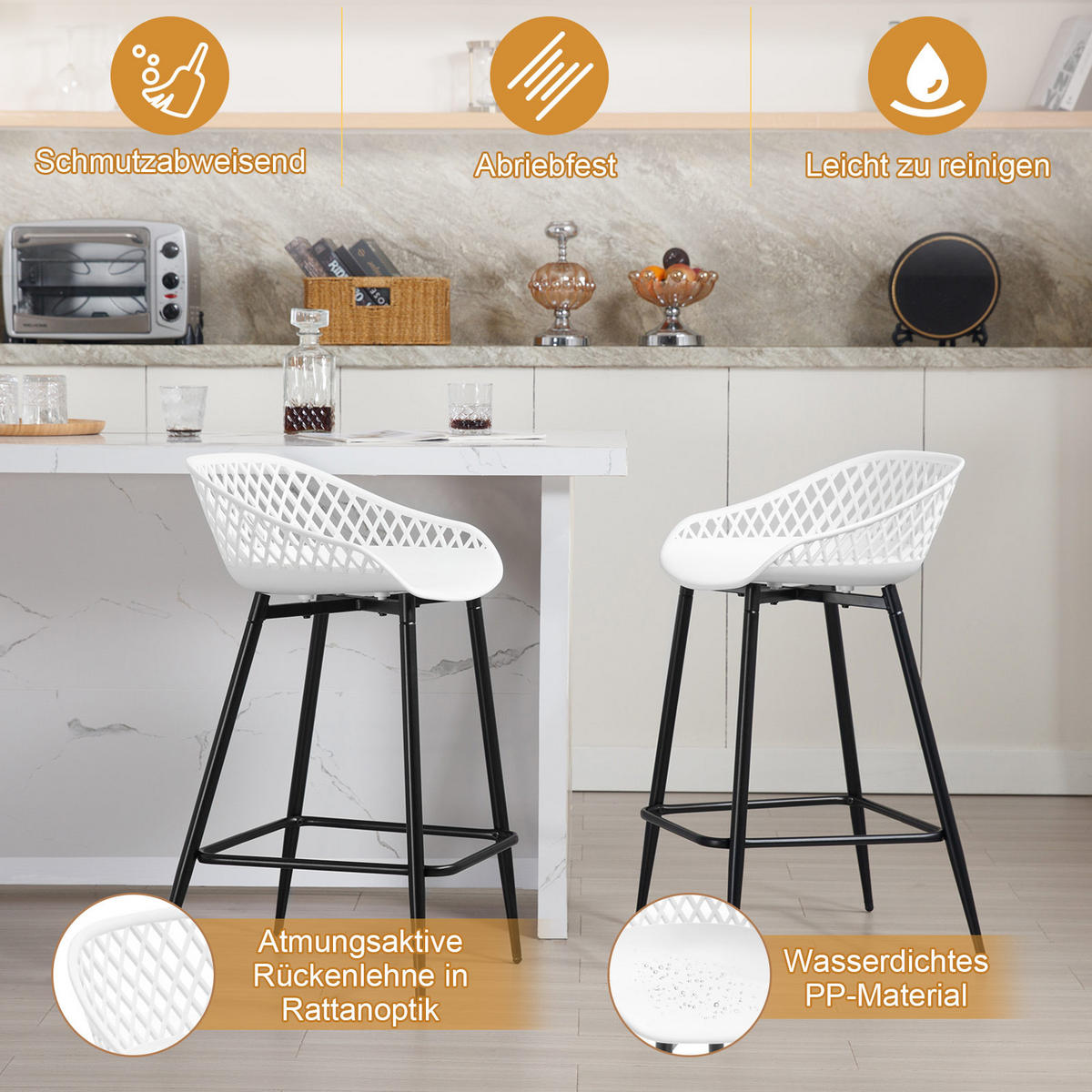 BARHOCKER 4er Set aus PP-Kunststoff, Weiß - Schwarz/Weiß, Kunststoff/Metall (44/84.5/47cm) - Woltu