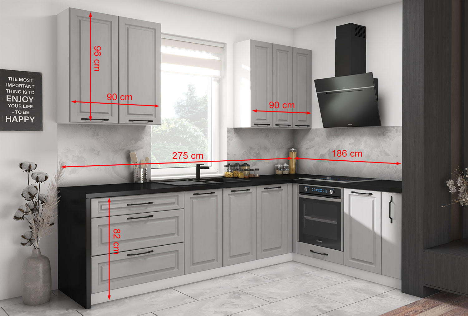 WINKELKÜCHE Elbing grey stone matt / weiß matt 9-teilig mit Vollauszug (HETTICH InnoTech Atira) - Weiß/Grau, Holzwerkstoff/Metall (275/228/186cm) - Feldmann-Wohnen