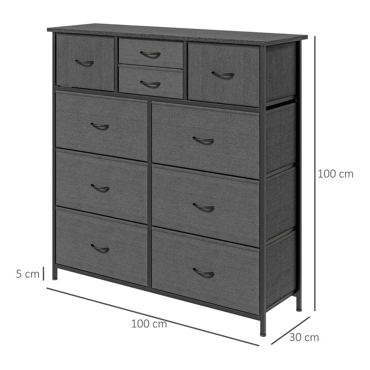 KOMMODE 30/100/100 cm mit 10 Stoffschubladen und Stahlrahmen, vielseitiger Stauraum, Schwarz - Schwarz, Metall (100/100/30cm) - Redom