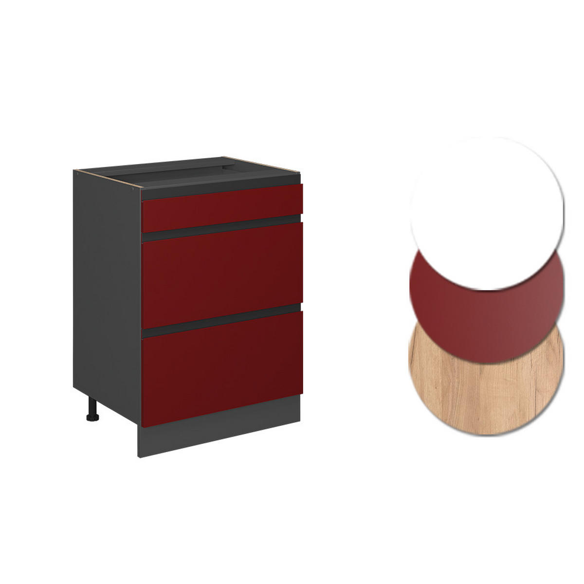 KÜCHENUNTERSCHRANK R-Line Rot 60 cm J-Shape, mit Schubladen, ohne AP - Anthrazit/Rot, Holzwerkstoff (60/81.6/46cm) - Vicco