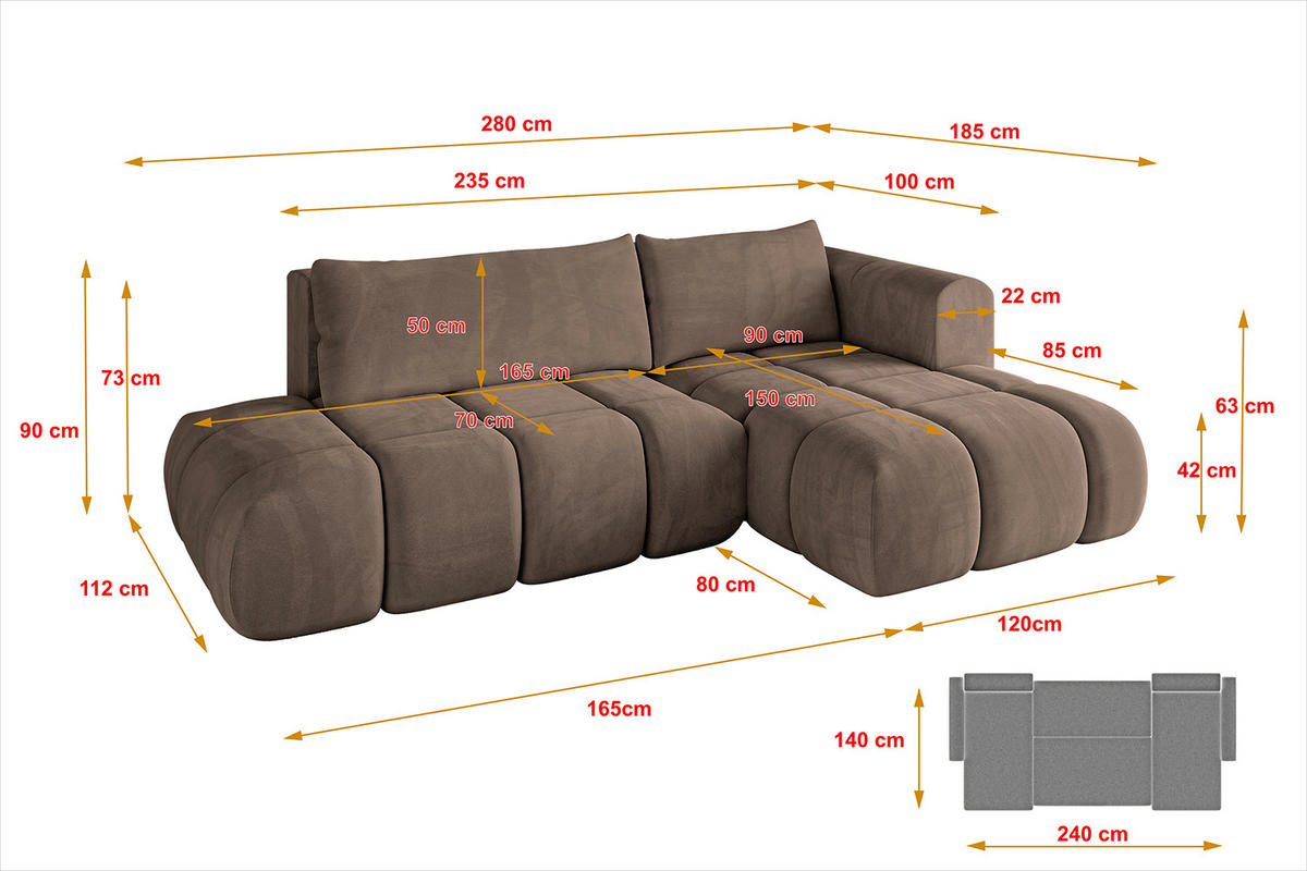 ECKSOFA Ottomane Rechts CLOUD-L 280x185x90 Braun Velours - Braun, Holzwerkstoff/Kunststoff (185/280cm) - ALTDECOR