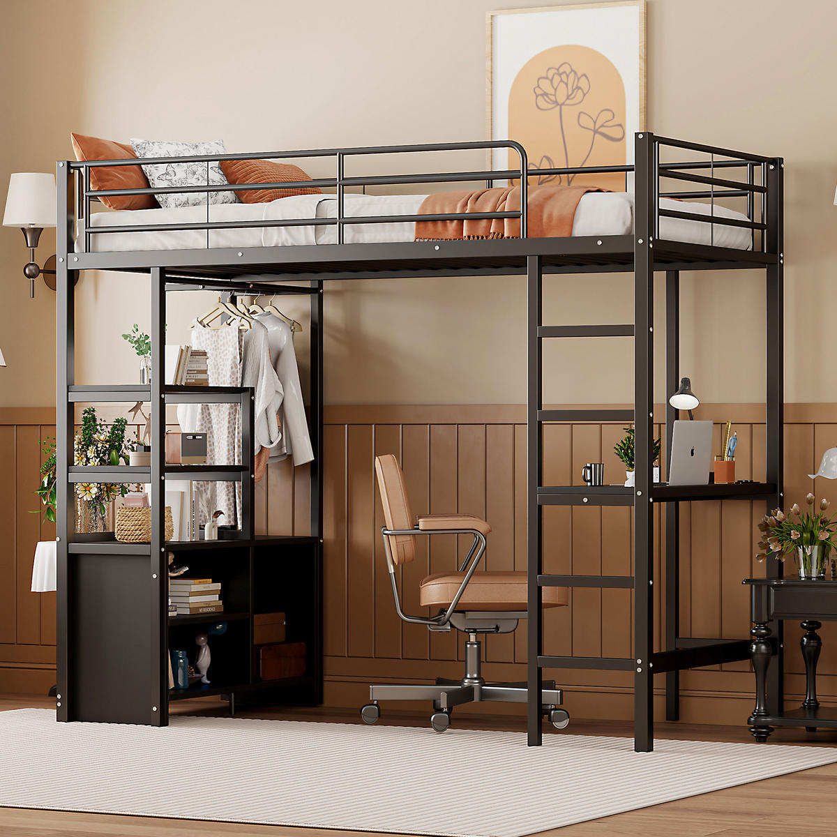 HOCHBETT 90x200cm Schwarz Metall Schreibtisch Steckdose USB Regale Geländer - Schwarz, Metall (90/200cm) - FLIEKS