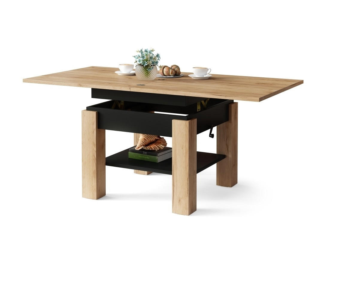 COUCHTISCH quadratisch aufklappbar höhenverstellbar 70/75/69 cm - Eichefarben/Schwarz, Holzwerkstoff (75/70/57cm) - designimpex