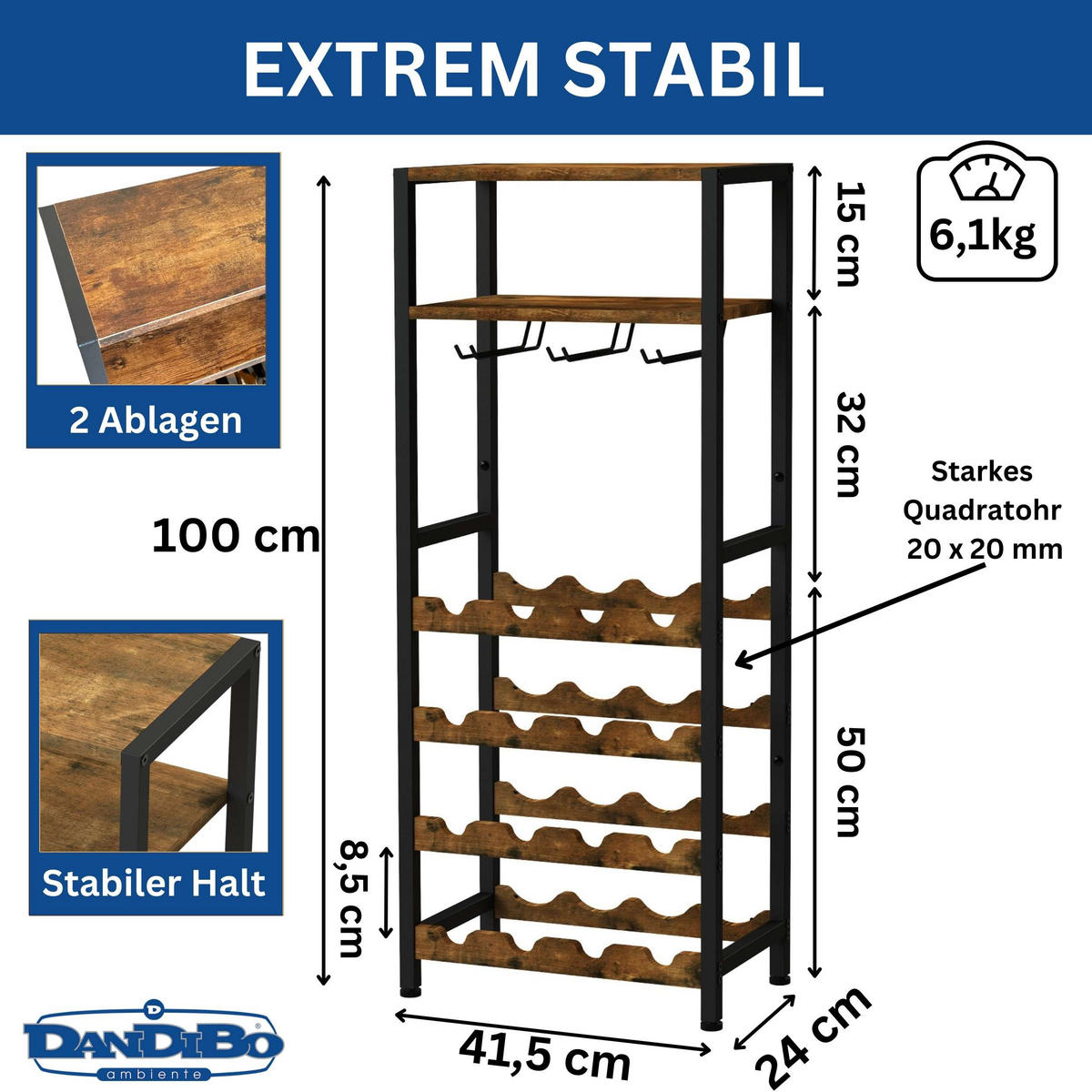 WEINREGAL 16-Flaschen mit Glashalter Metall/Holz Schwarz 41,5/24/100 cm - Schwarz, Metall (41.5/100/24cm) - DanDiBo