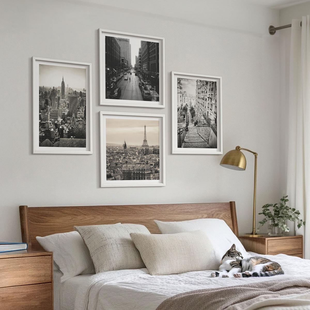 BILDER SET 4er Set - 50x50 cm & 40x60 cm Weißer Rahmen - Aussicht Paris New York Treppen - Weiß, Kunststoff (50/50cm) - TULUP