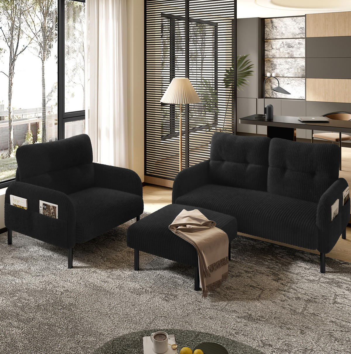 SOFA 2-Sitzer 120 x 75 x 79 cm Cord Black mit Seitentasche - Schwarz, Kunststoff (120/79/75cm) - Meubliv
