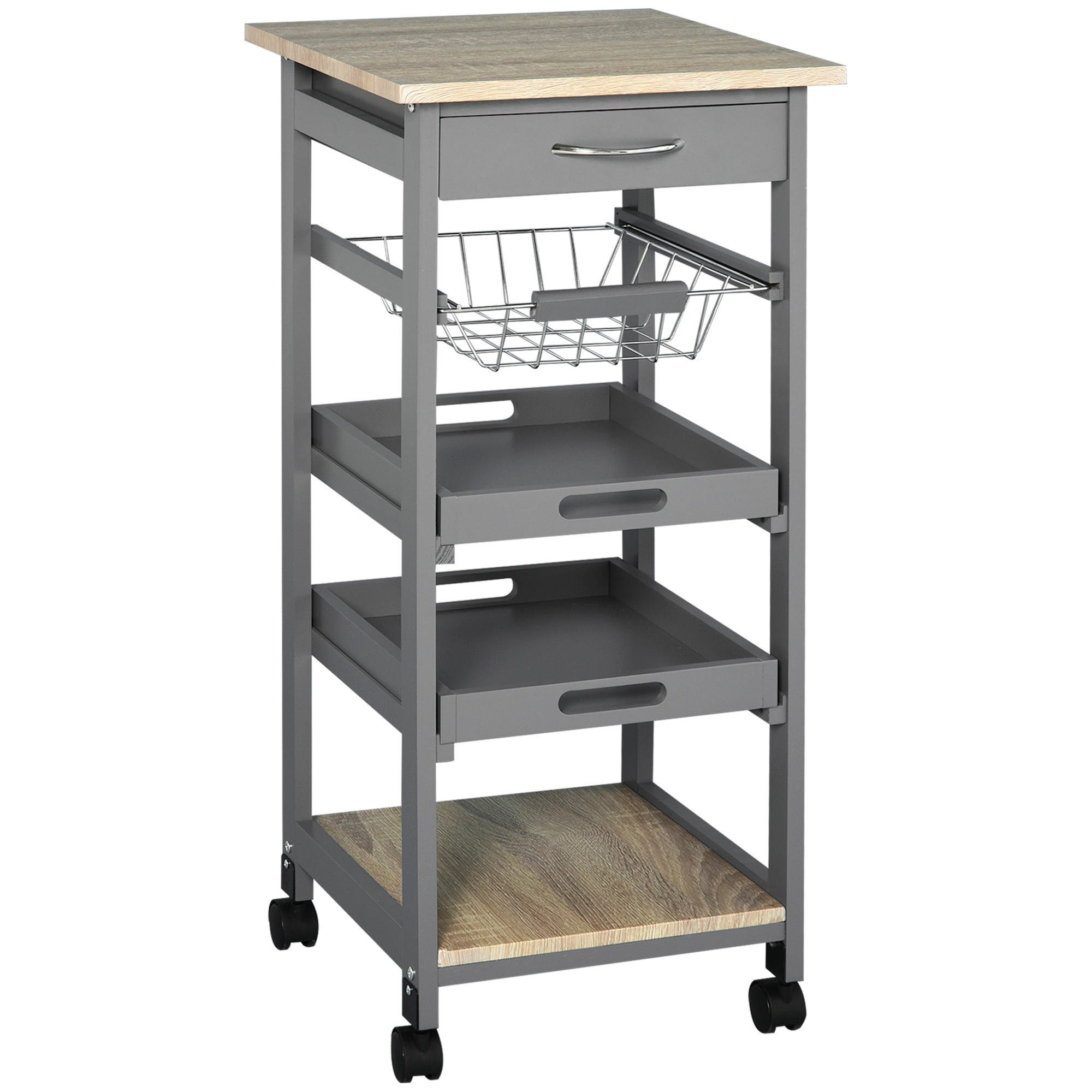 KÜCHENWAGEN DE-17110 mit Korb & 2 abnehmbaren Tabletts Hell-Eiche - Grau, Holzwerkstoff (37/82/37cm) - ComfortXL